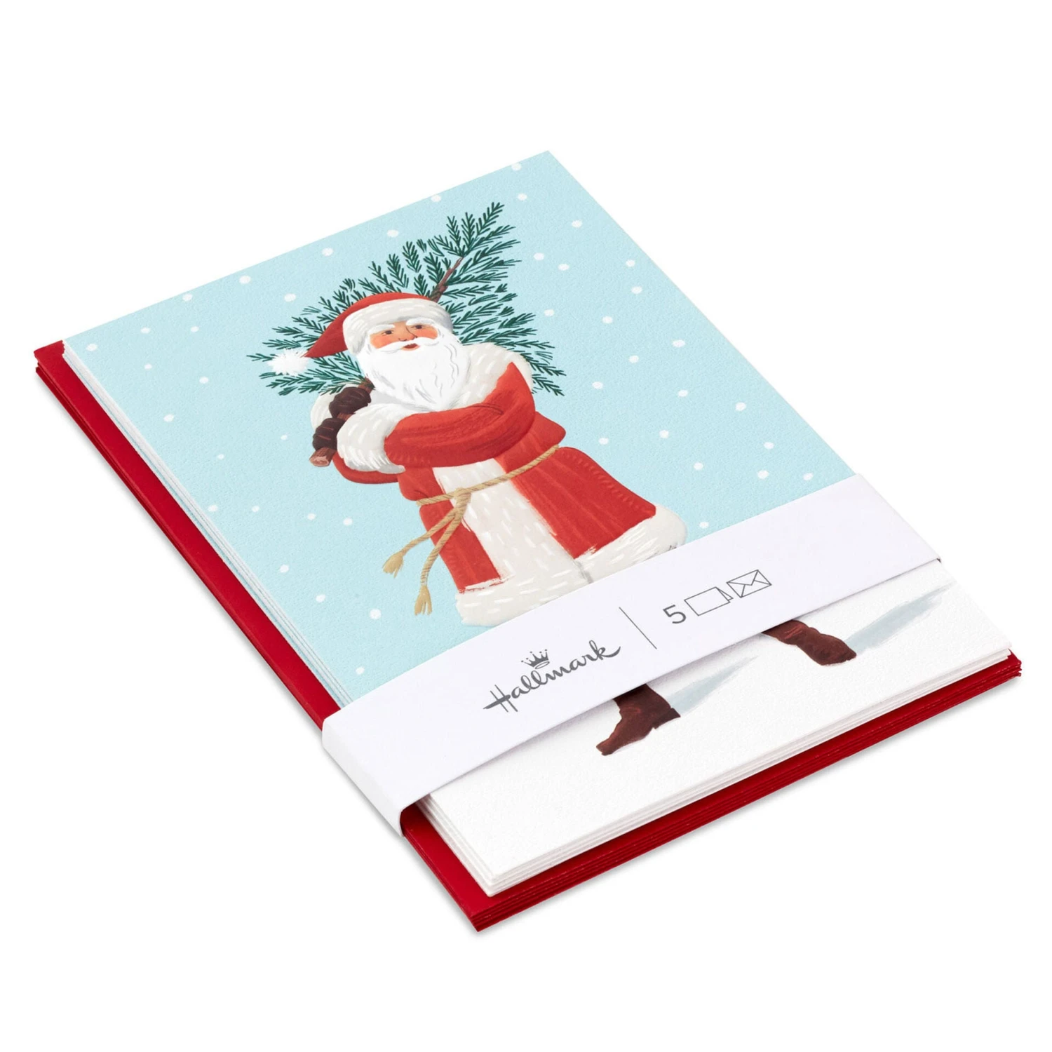 Hallmark Santa Carrying Fir Tree Packaged Christmas Cards, Set Of 5 1 Hallmark Santa Carrying Fir Tree Packaged Christmas Cards, Set Of 5